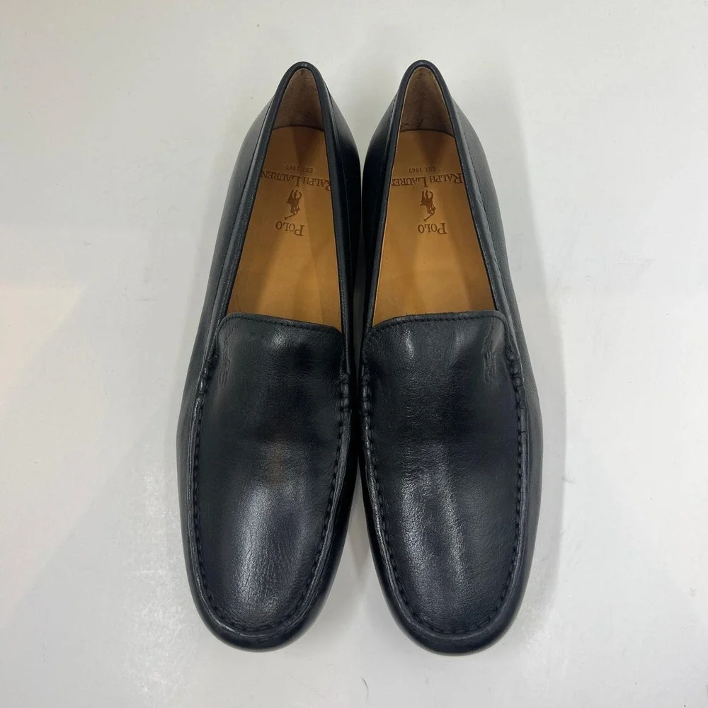Polo Ralph Lauren Allon Loafers Mens 9.5D Black Tumbled Leather Slip‎ On Shoes